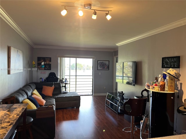 living room with crown molding and dark wood-type flooring