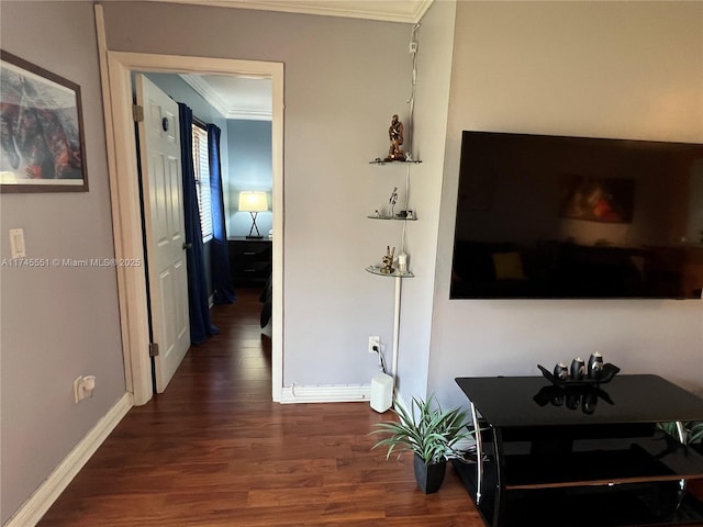 hall featuring crown molding and dark hardwood / wood-style flooring