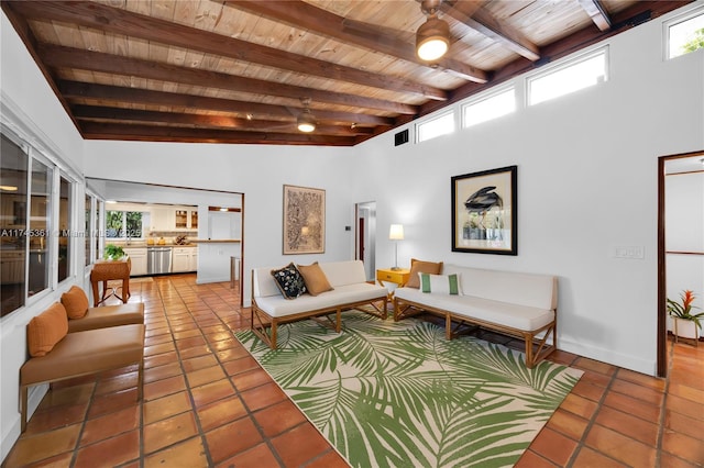 living room with tile patterned flooring, wood ceiling, and beam ceiling