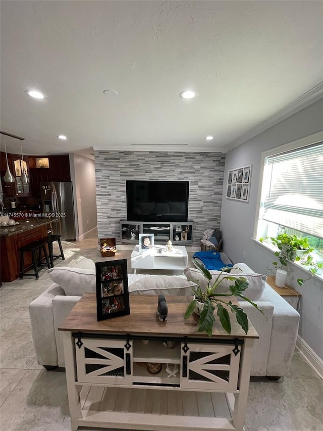 1787 NE 174th St, North Miami Beach, FL 33162 - living room with recessed lighting, crown molding, an accent wall, and baseboards