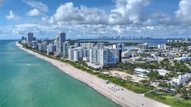 aerial view with a water view and a beach view