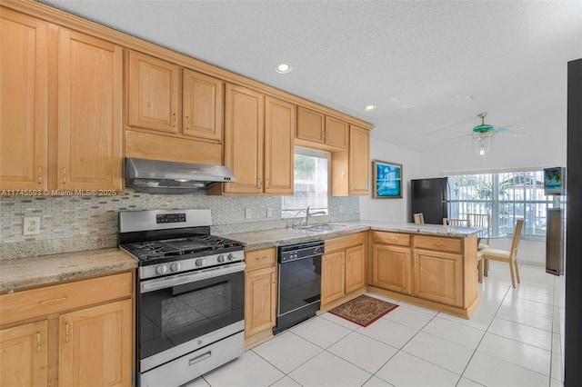 kitchen featuring sink, extractor fan, stainless steel range with gas stovetop, kitchen peninsula, and dishwasher