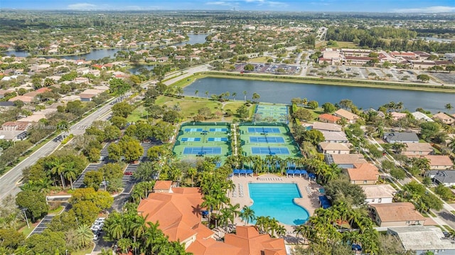 birds eye view of property featuring a water view