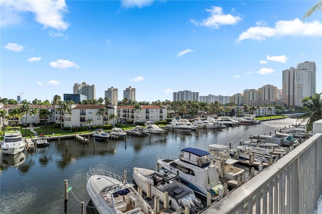 property view of water featuring a view of city and a dock