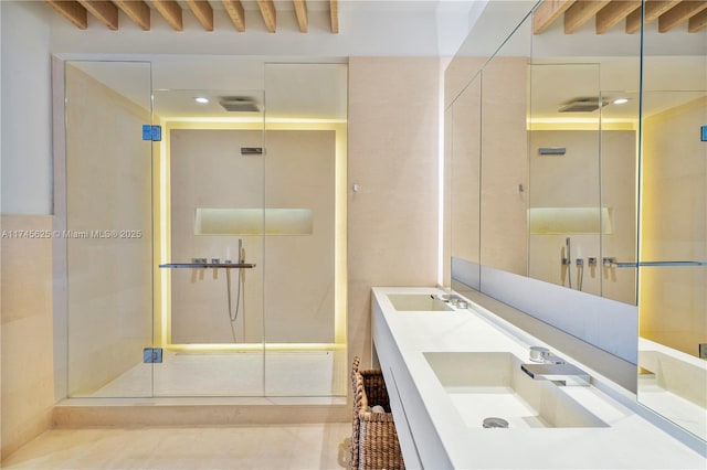 bathroom featuring vanity and a shower with shower door