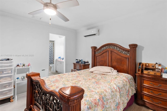 bedroom featuring ensuite bath, a wall unit AC, ornamental molding, and ceiling fan