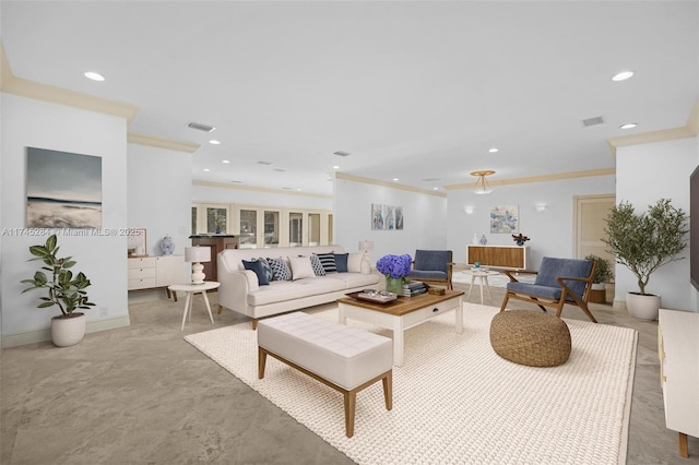 living room with ornamental molding, recessed lighting, and visible vents