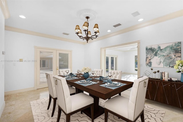 dining space with an inviting chandelier, ornamental molding, visible vents, and recessed lighting