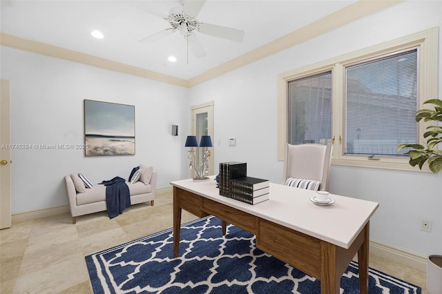 office space featuring recessed lighting, baseboards, and a ceiling fan