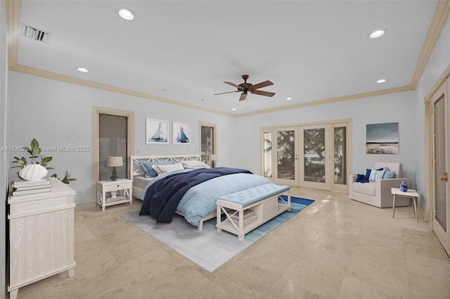 bedroom with french doors, crown molding, access to outside, and ceiling fan