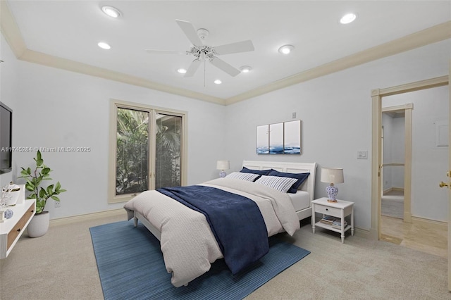 bedroom featuring light colored carpet, baseboards, and recessed lighting