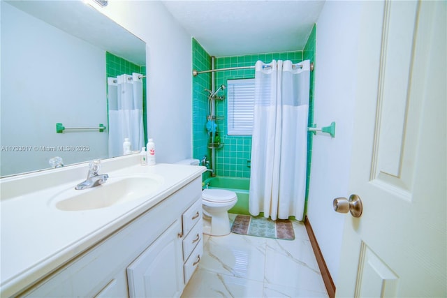 full bathroom featuring vanity, shower / tub combo, and toilet