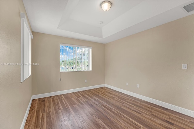 spare room with hardwood / wood-style flooring and a tray ceiling