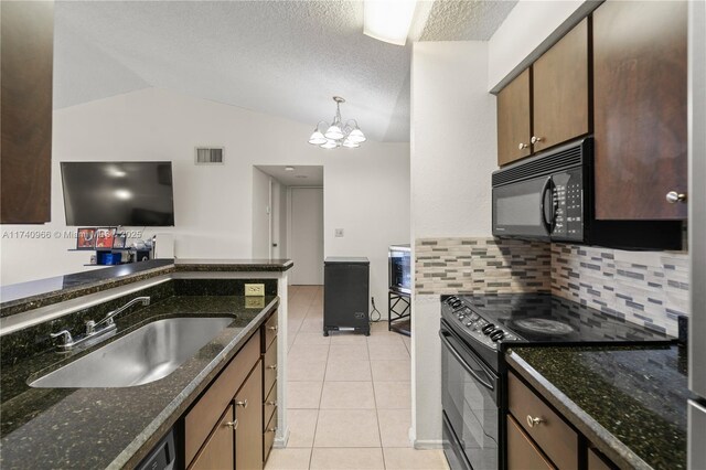2866 S University Dr Unit 5307, Davie, FL 33328 - kitchen with visible vents, a sink, light tile patterned floors, black appliances, and lofted ceiling