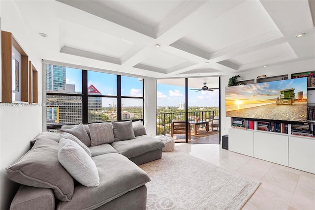 living area with beamed ceiling, coffered ceiling, and floor to ceiling windows