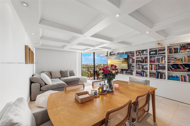 dining room featuring recessed lighting, beam ceiling, light tile patterned floors, and coffered ceiling
