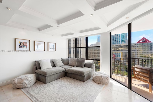 1915 Brickell Ave Unit C1612, Miami, FL 33129 - living room with coffered ceiling, beamed ceiling, and recessed lighting