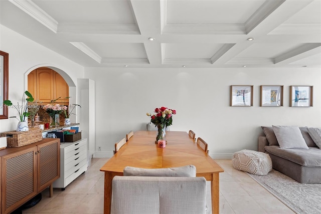 dining room featuring coffered ceiling, light tile patterned flooring, beamed ceiling, and recessed lighting