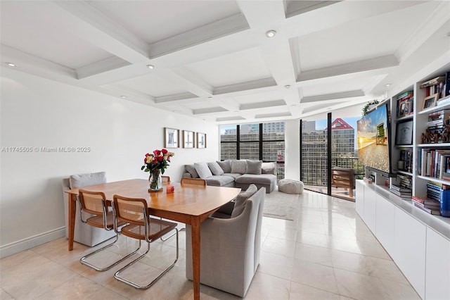 1915 Brickell Ave Unit C1612, Miami, FL 33129 - dining area with beam ceiling, light tile patterned flooring, coffered ceiling, baseboards, and recessed lighting