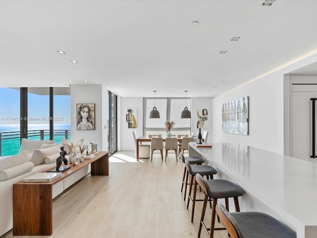 living room featuring a water view, light wood-type flooring, and recessed lighting