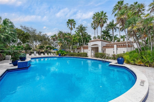 view of swimming pool with a patio