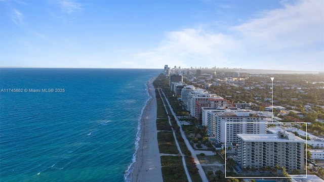 drone / aerial view featuring a water view and a view of the beach