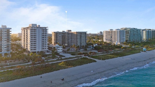 aerial view with a water view and a view of the beach