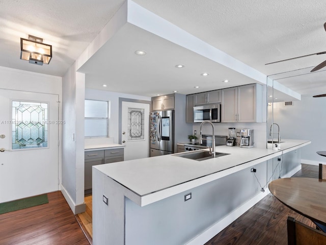 kitchen featuring stainless steel appliances, gray cabinetry, a peninsula, and dark wood-style flooring