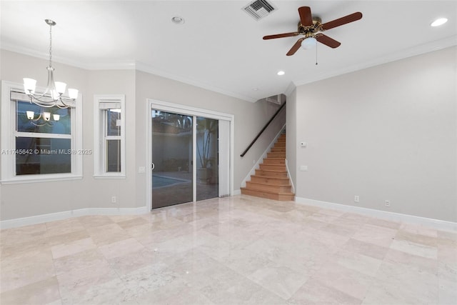 unfurnished room with ceiling fan with notable chandelier and ornamental molding