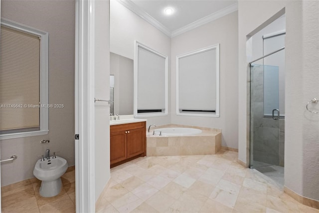 bathroom with a bidet, separate shower and tub, vanity, and crown molding