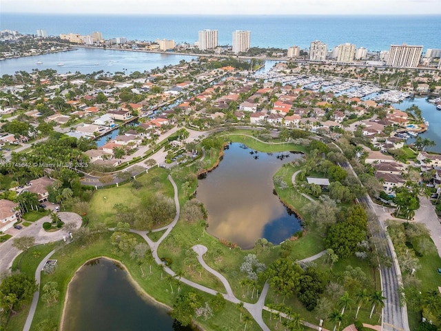 drone / aerial view with a water view