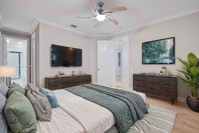 bedroom with ornamental molding, light hardwood / wood-style floors, and ceiling fan