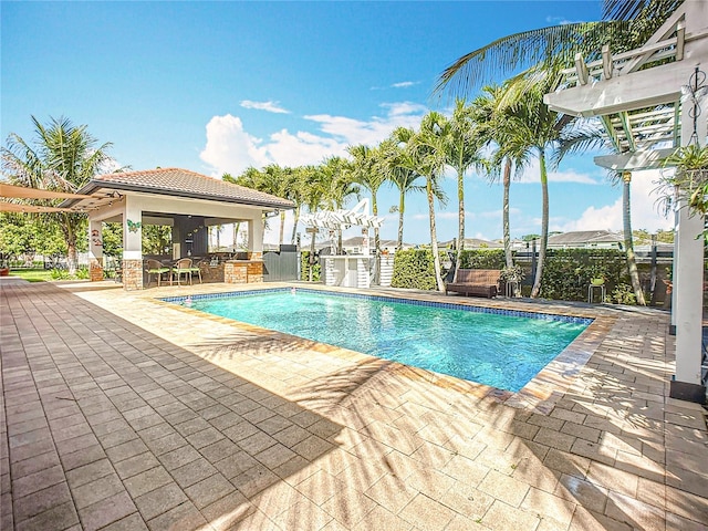 view of pool featuring a gazebo, a pergola, and a patio