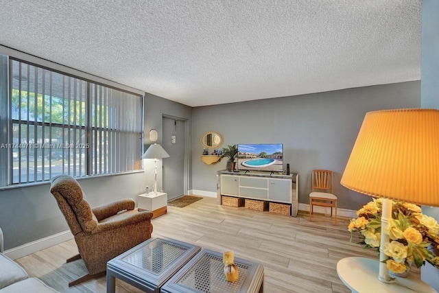 living room featuring a textured ceiling and light hardwood / wood-style flooring