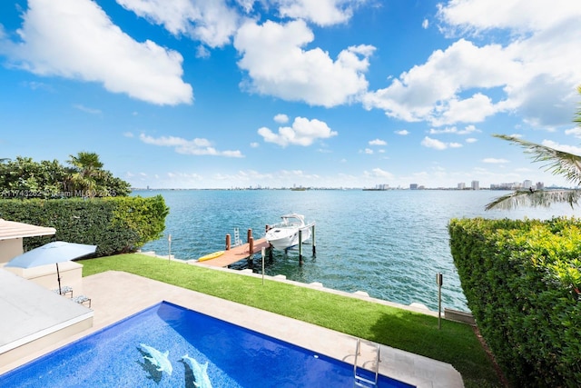 view of dock featuring a water view, an outdoor pool, and boat lift