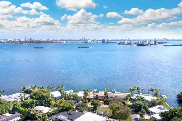 drone / aerial view featuring a water view and a view of city