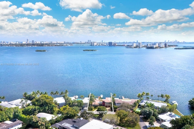 drone / aerial view with a water view and a city view
