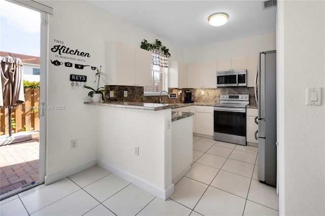 kitchen featuring sink, appliances with stainless steel finishes, backsplash, white cabinets, and kitchen peninsula