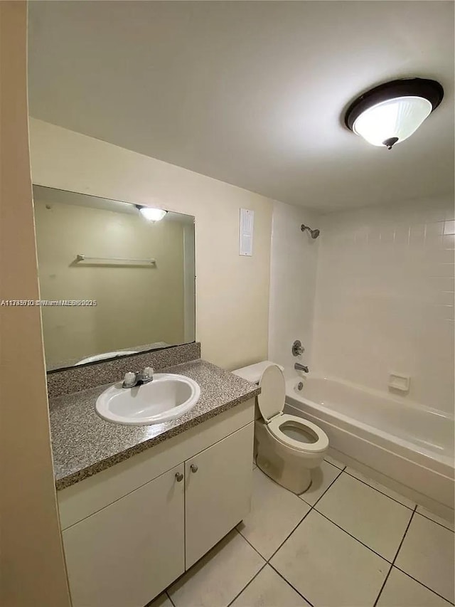 full bathroom featuring bathing tub / shower combination, vanity, tile patterned floors, and toilet