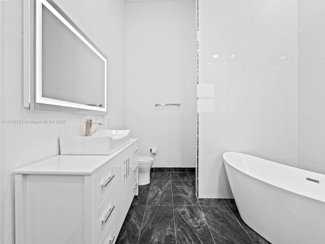 bathroom with vanity, toilet, and a bathing tub