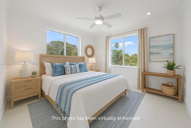 bedroom with recessed lighting, a ceiling fan, light tile patterned floors, crown molding, and baseboards