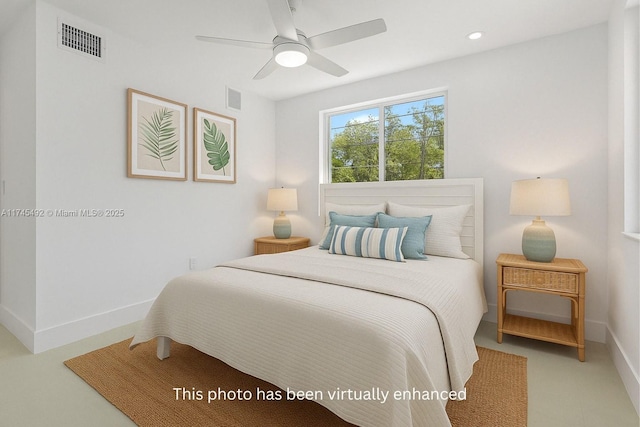 bedroom featuring recessed lighting, visible vents, a ceiling fan, and baseboards