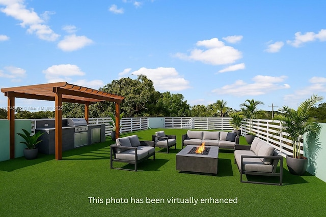 view of patio featuring a pergola, a fenced backyard, grilling area, an outdoor living space with a fire pit, and exterior kitchen