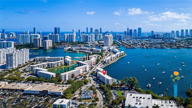 birds eye view of property featuring a water view