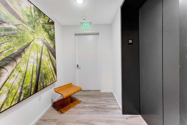 hallway featuring elevator and light wood-type flooring