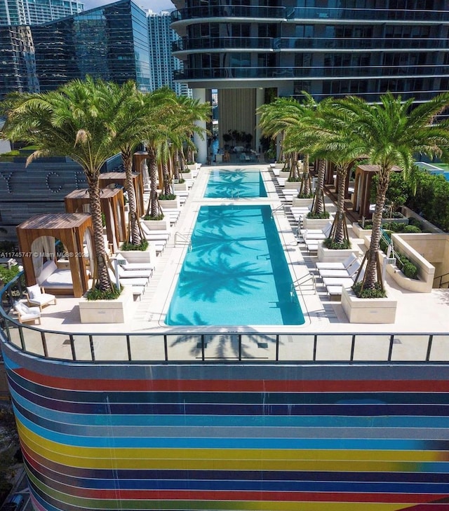 view of swimming pool with a patio