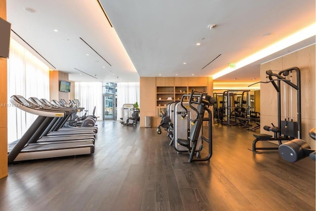 exercise room with dark hardwood / wood-style floors