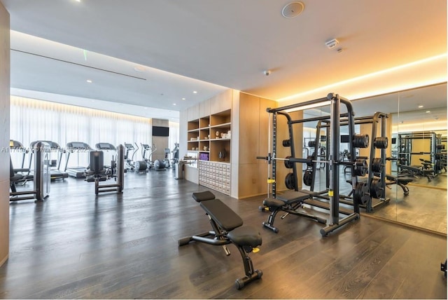 exercise room with dark hardwood / wood-style flooring