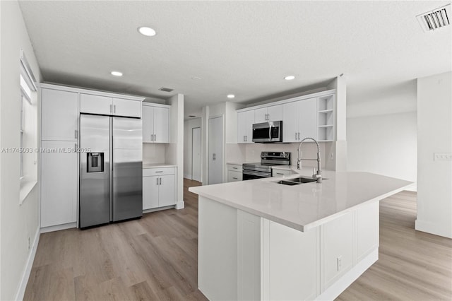 kitchen with sink, light hardwood / wood-style flooring, white cabinetry, stainless steel appliances, and kitchen peninsula