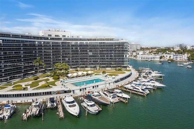 birds eye view of property featuring a water view